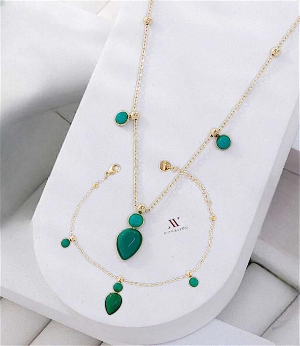 Collier et Bracelet - GENERIC - Ensemble avec Pierres Vertes - Acier Inoxydable - Pour Femme - Adulte