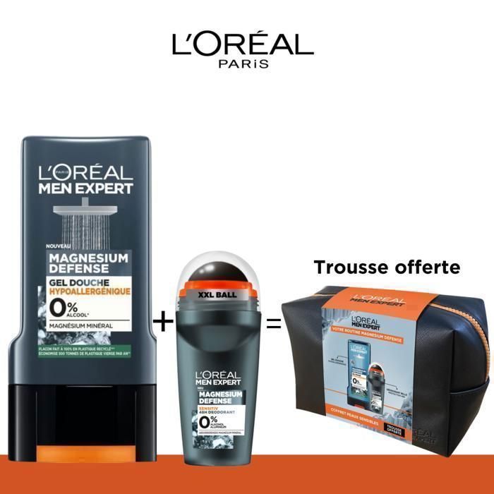 L'ORÉAL MEN EXPERT - Trousse Hygiène - Routine Roll-On Magnésium - Gel Douche - Sans Alcool - 15ml + 300ml
