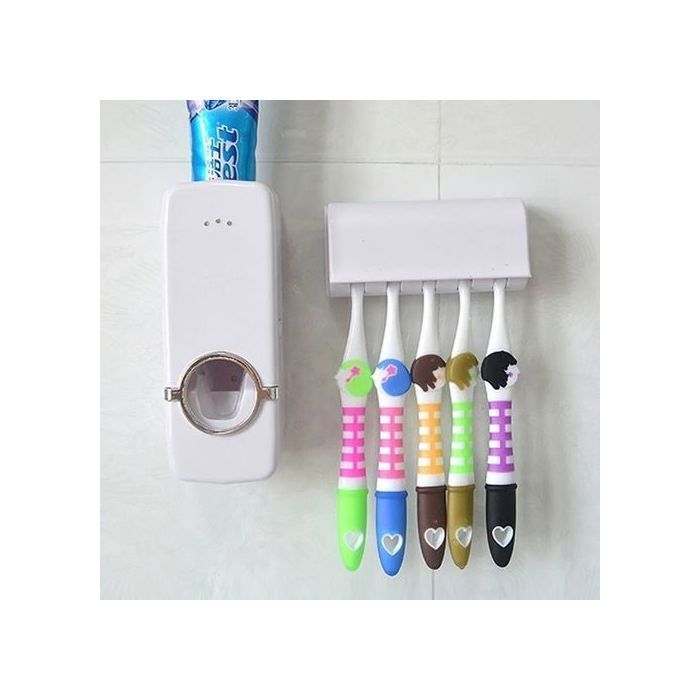 Porte-brosses à dents Adhésif + Distributeur dentifrice automatique presse-dentifrice salle de bain