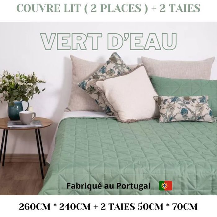Couvre-lit Chic 260cm x 240cm + 2 Taies d'Oreillers Porto - Vert d'Eau