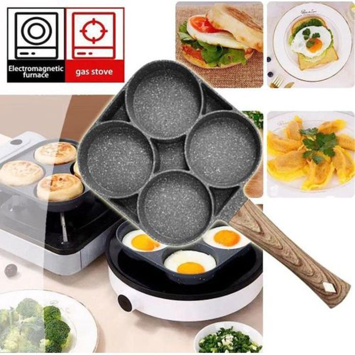 4 Hole Omelet Q Pan Wooden Handle Frying Pot Egg Burger Ham
