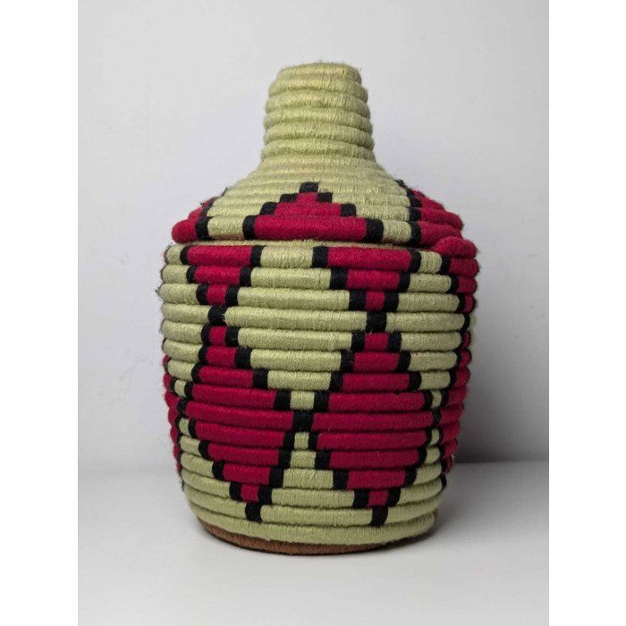 Boîte berbère - Artisanale - Motif géométrique - Vert olive, rouge et noir - Rangement élégant - Fait main