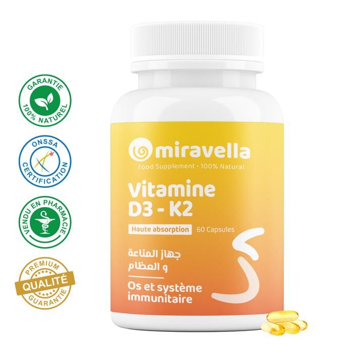 Complément Alimentaire - Miravella - Vitamine D3-K2 - 60 Capsules - 100% Naturel - Synergie Optimale