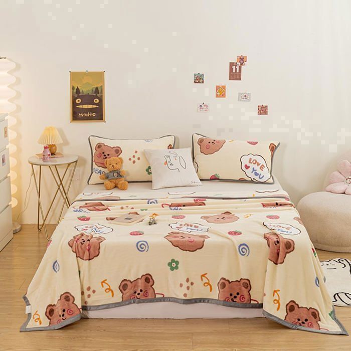 Couverture - Polaire - Ours Mignon - 120 x 200 cm - Beige - Douce et Lavable