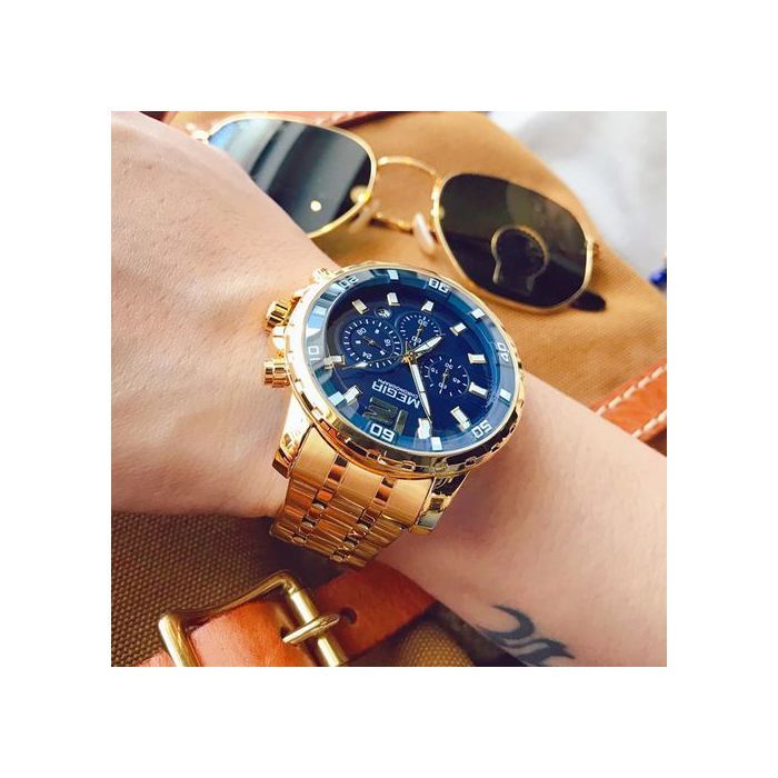 Montre Chronographe - MEGIR - Doré - Acier Inoxydable - Étanche - Analogique