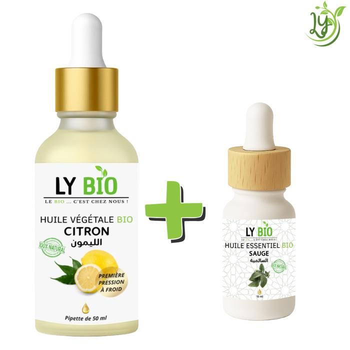 Pack Huile - LYBIO - Huile Citron 50ml - Pipette - Huile Essentielle Sauge 10ml - Brillance Cheveux