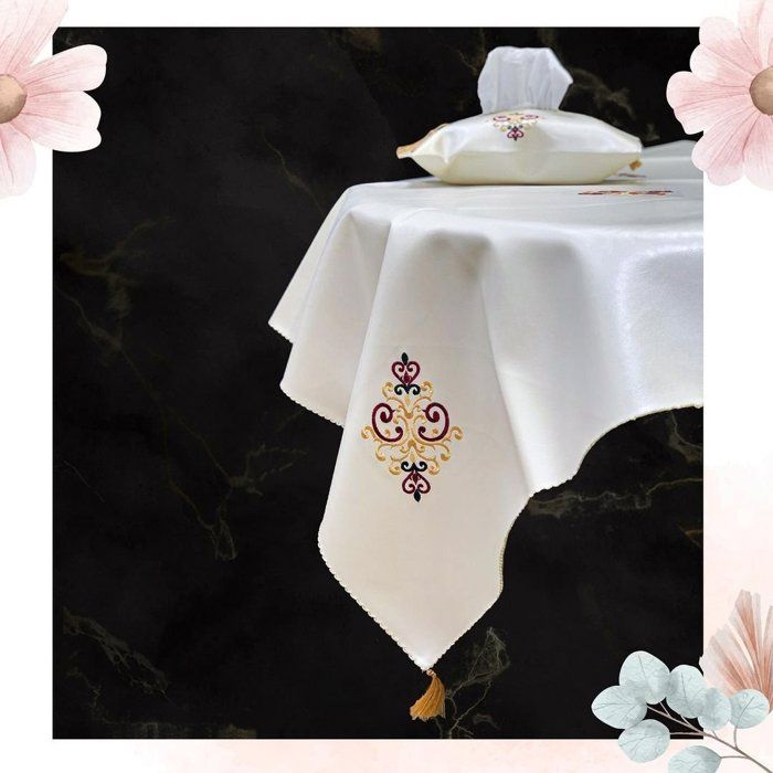 Ensemble de Table - Marocain - Nappe et Porte-Mouchoirs - Beige - Carré - Naturelle