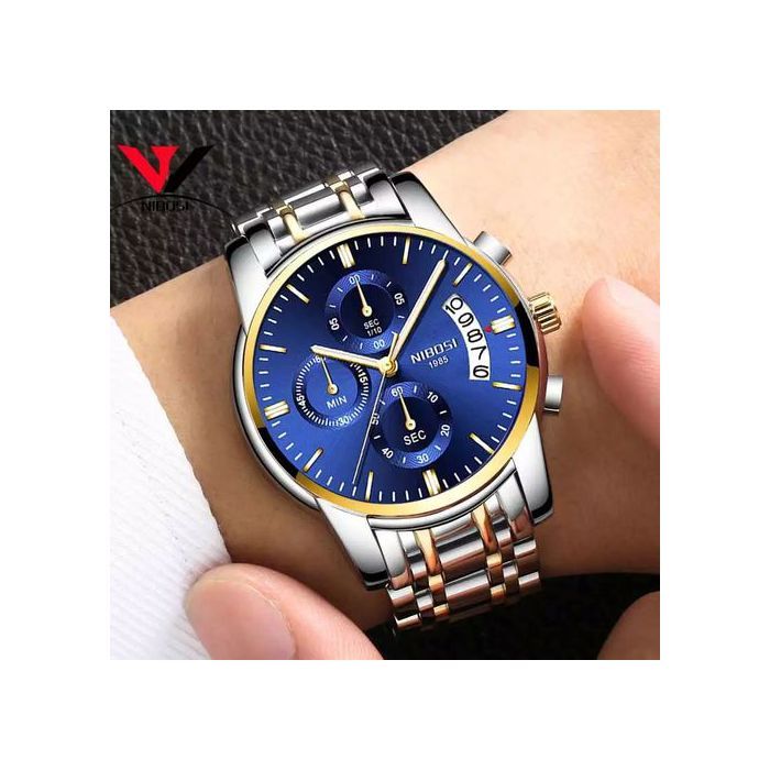 Montre - NIBOSI - Chronographe - Acier inoxydable - Résistante à l'eau - Noir