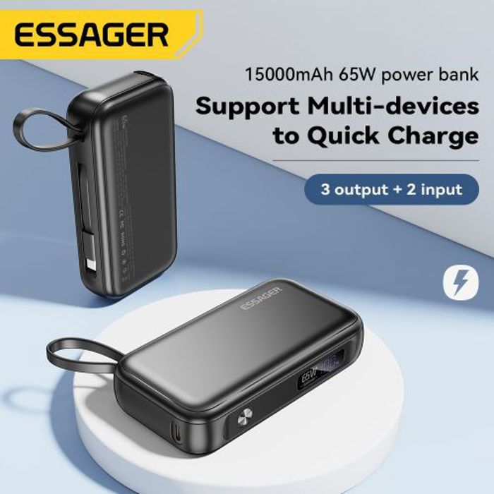 Essager Power Bank 15000mAh Charge Rapide PD 65W Pour Pc Portable Macbook et téléphone