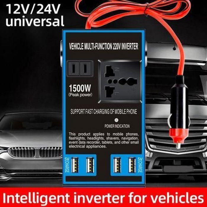 Convertisseur de tension de voiture 1500 W 4 ports USB, Onduleur de Puissance pour Voiture 12V/24V à 220V,