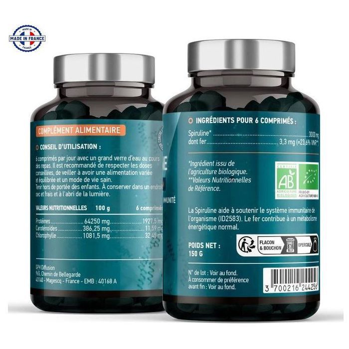 Spiruline Bio 500 mg Boite 300 Comprimés gph diffusion made in France