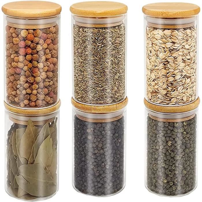 Flliberté Lot de 6 Bocaux en Verre, Bocal en Verre avec Couvercle Bambou Bocaux Rangement Cuisine hermétique pour Stockage épice122