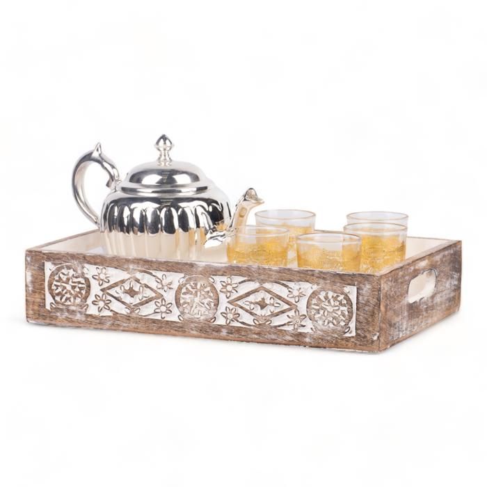 PLATEAU BOHIMIAN ENGRAVE NATURAL BLANC EN MDF 38X25X8 CM