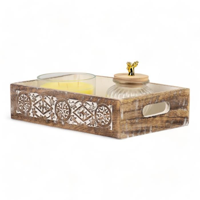 PLATEAU BOHIMIAN ENGRAVE NATURAL BLANC EN MDF 30X20X8 CM