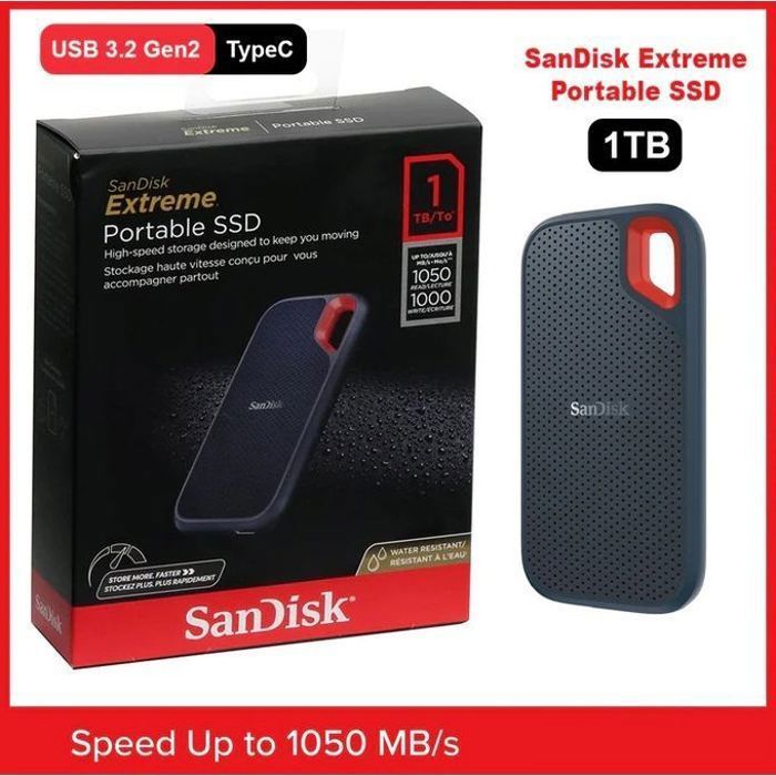 Sandisk Disque Dur 1TB/To externe SSD 1000GB vitesse 1050Mo/s en lecture USB 3.2gen2
