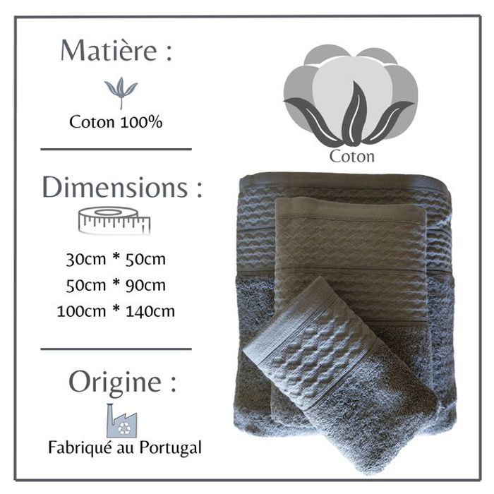 Ensemble de 3 Serviettes Hôtel - Gris - 100% Coton - Portugal