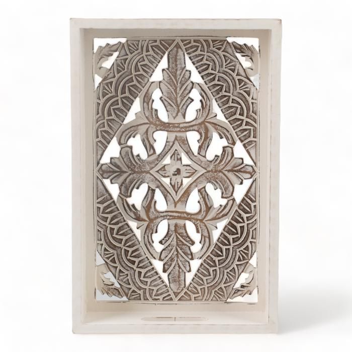 PLATEAU MANDALA SCULPTEE BLANC EN MDF 38X25X8H CM