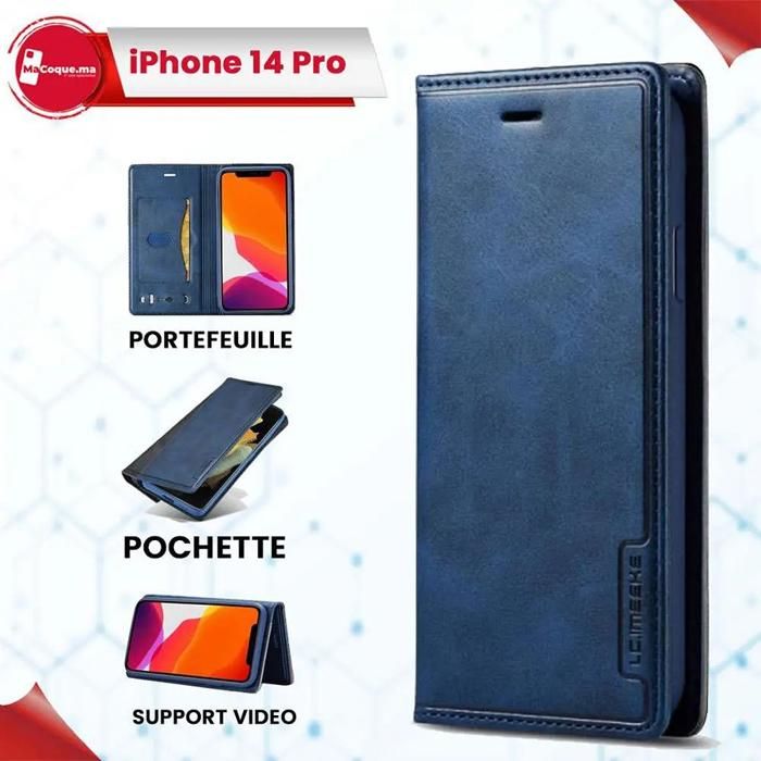 iPhone 14 Pro Etui Portefeuille en Cuir Blue Marine Coque Antichoc