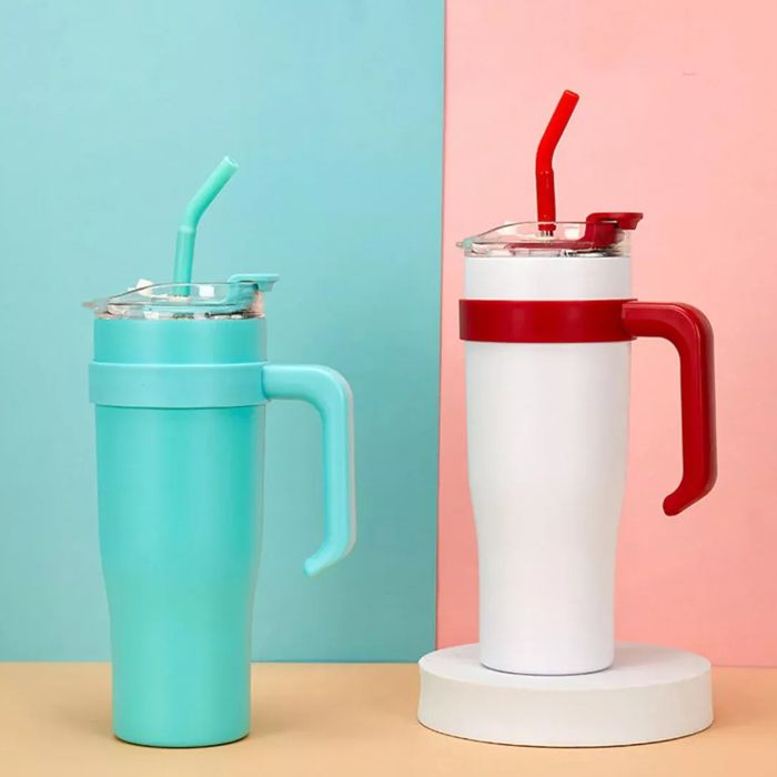 Thermos thermique-grande capacité XXL -Mug Inox avec poignée et paille – Grande capacité