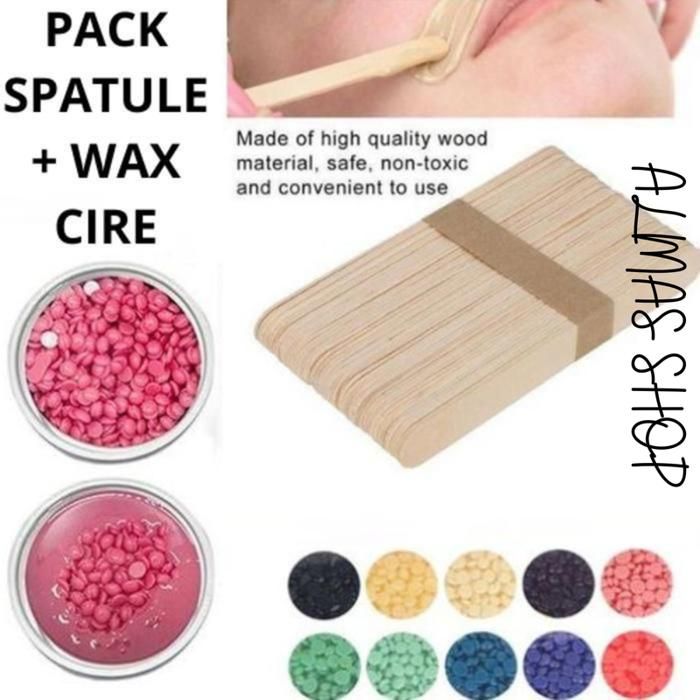Pack wax cire 200g + Spatule en bois abaisse-langue masque jetable 100 pcs (wax couleure aleratoire)