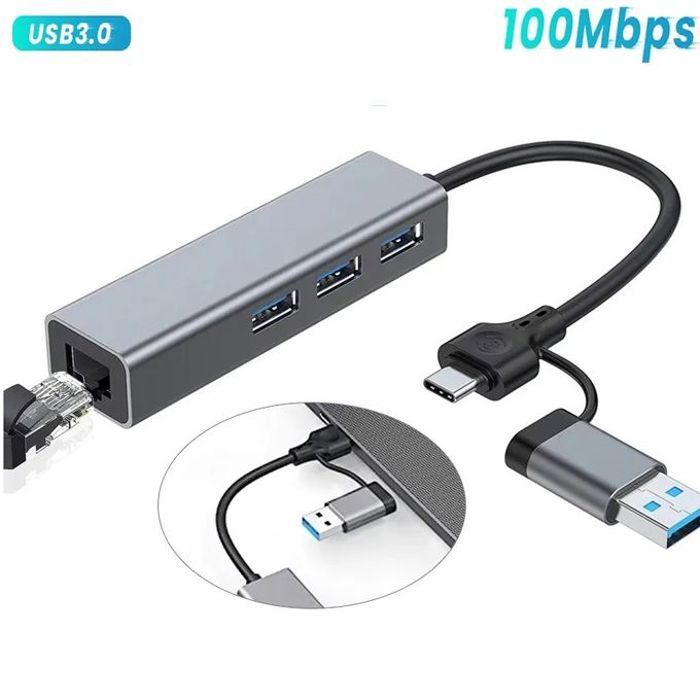Adapter Adaptateur USB Type C vers Lan Hub USB 3.0 3 ports+Ethernet réseau RJ45 100Mbps
