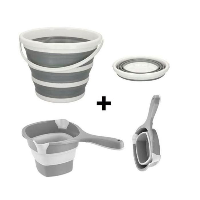 Seau d'eau Pliant en Silicone + Louche à eau pliable, Pack de salle de bain