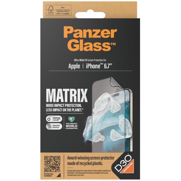 Protection d'écran Matrix Recycled Ultra-Wide Fit Anti-bactérienne iPhone 15 Plus PanzerGlass