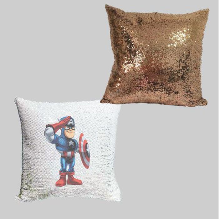 Housse de coussin - Captain America - 40x40 cm - Paillettes dorées - Tissu satin - Lavable en machine