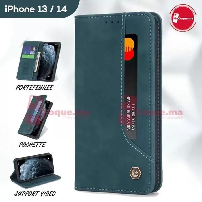 Pochette iPhone 13/14 normal Etui Portefeuille en Cuir Bleu Coque Antichoc