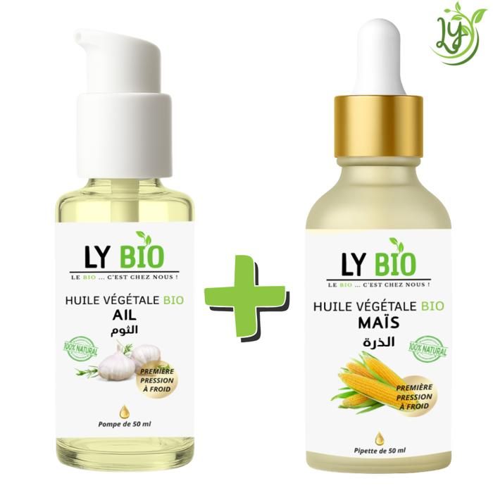 Pack Huile Ail 50ml - Lybio - Huile Mais 50ml - Soin Cheveux - Hydratation - Anti-chute