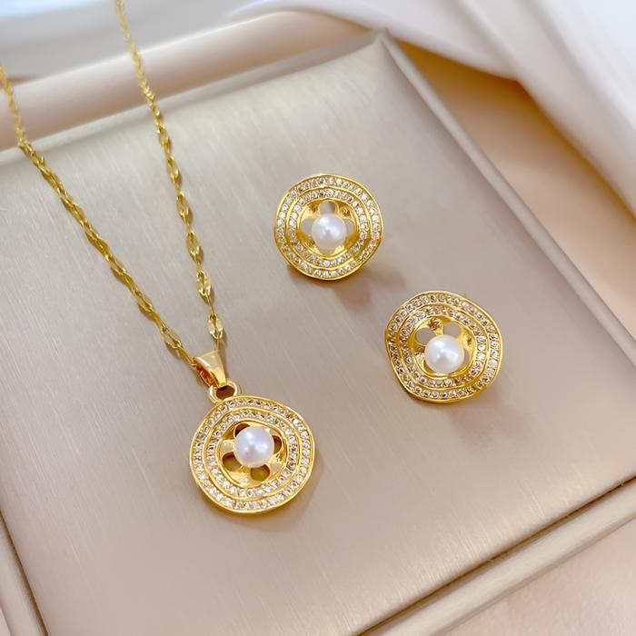 Ensemble de Bijoux - EGO024 - 2 pcs - Dorée - Acier - Cristal