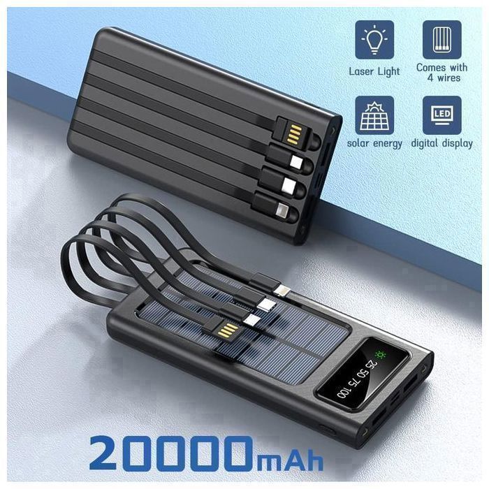 Power Bank Solaire 20000mAh Avec Lampe Batterie Externe pour Camping batterie solaire portable
