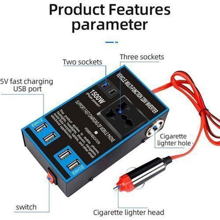 Convertisseur de tension de voiture 1500 W 4 ports USB,Onduleur de Puissance pour Voiture 12V/24V à 220V,