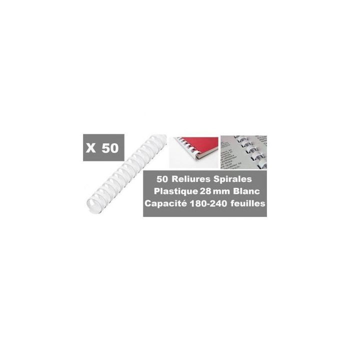 Reliure en plastique 28 mm blanc (50 reliures)