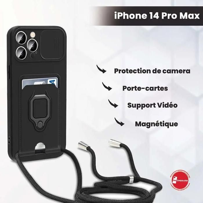 Pochette iPhone 14 Pro Max avec Bandoulière, Protection de camera, Porte-cartes, Support Vidéo, Magnétique Couleur Noir