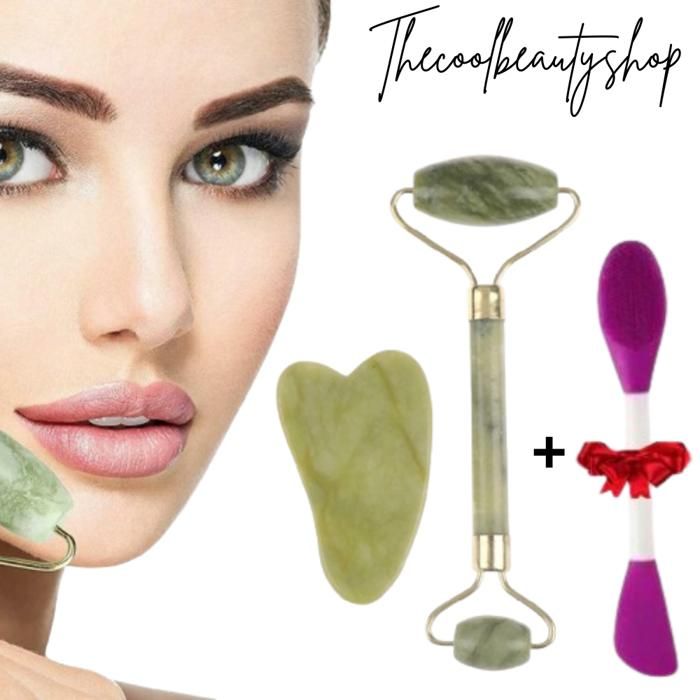 ensemble de Pierre Naturel Gua Sha + Jade Rouleau massage visage + Brosse nettoyante et massante pour le visage multicolors