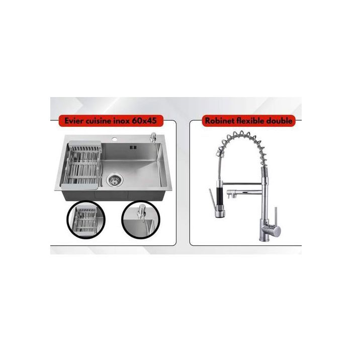 SM Pack Évier lavabo de cuisine en inox (60/45 cm) avec robinet mitigeur cuisine