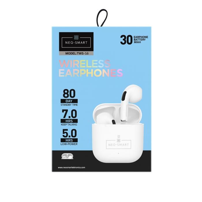 Écouteurs Neo-Smart TWS-S6 sans fil Bluetooth 5 HiFi stéréo  autonomie 7h, recharge sans fil, design ergonomique, usage