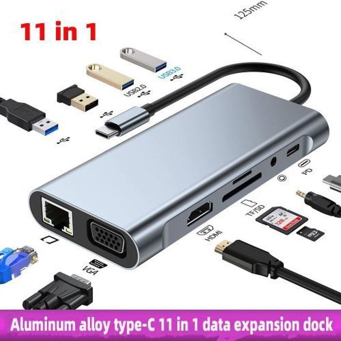 Hub USB C, adaptateur de hub 11 en 1 de type C avec HDMI 4K,