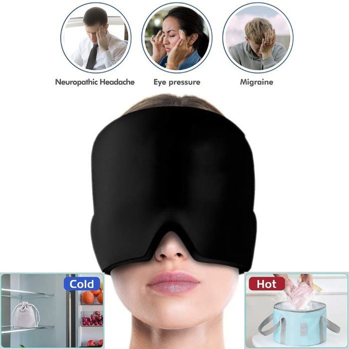 Bonnet anti-migraine Noir avec masque de glace pour migraines, tensions, sinus et stress