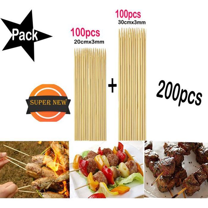 Lot de 200 bâtonnets de bambou jetables pour barbecue et grillades