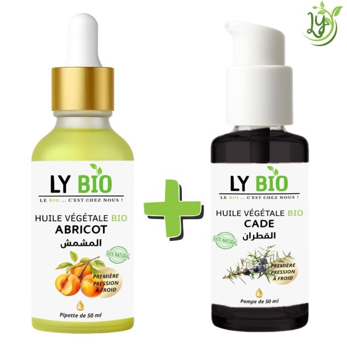 Pack de soins - LYBIO - HUILE ABRICOT 50ML - PIPETTE - HUILE CADE 50ML - POMPE