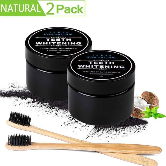2pcs Blanchiment des dents charbon actif Poudre avec 2 brosses en bambou,