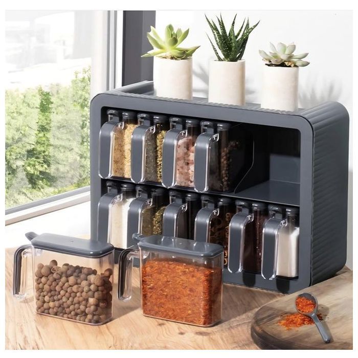 Baroness Boîte à épices murale avec 12 pots,multi-grille de rangement pour assaisonnement de cuisine Installation sans perforation