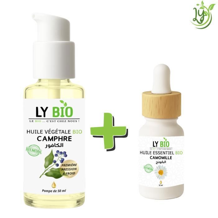 Pack d'huiles - LYBIO - Huile camphrée 50ml - Huile essentielle camomille 10ml - Apaisant - Tonifiant
