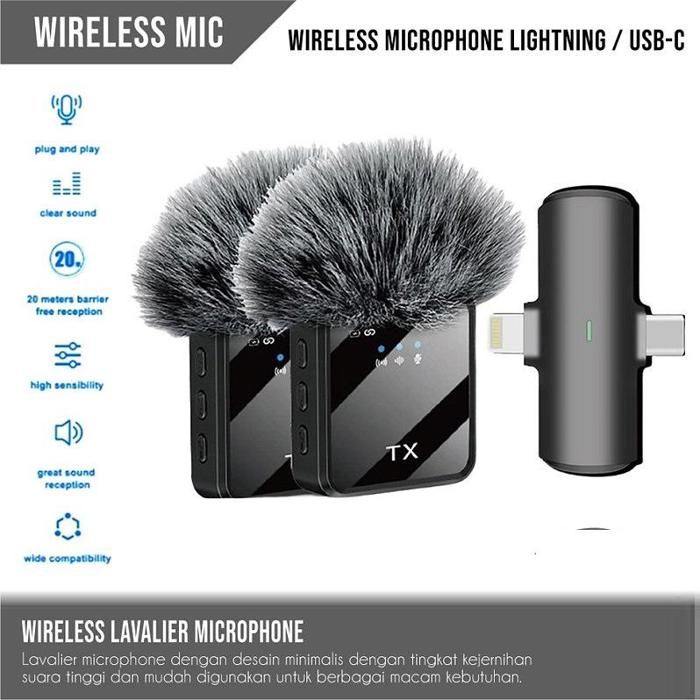 Microphone 2 en 1 sans fil Lavalier F15-2 USB C+Lightning Mic pour téléphone Android Ip