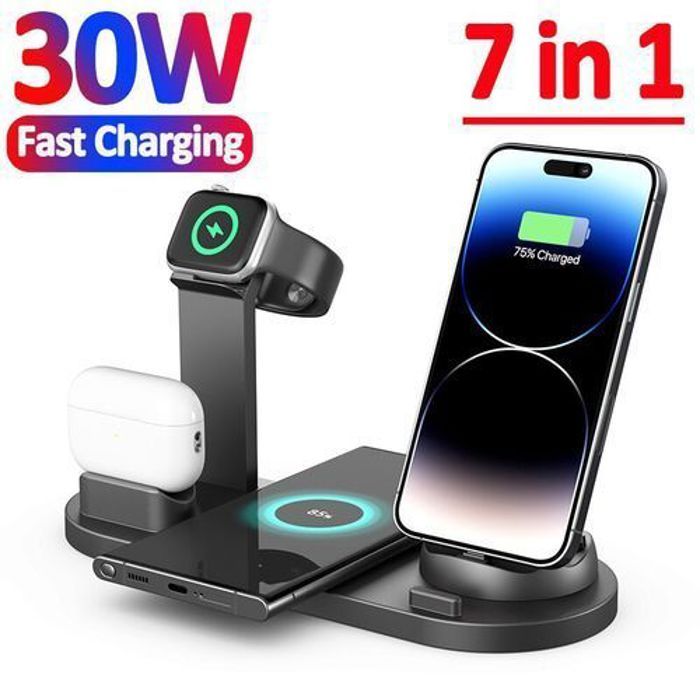 Chargeur sans fil - FAST - 30W - 7 en 1 - Compatible Apple Watch et Airpods - Noir