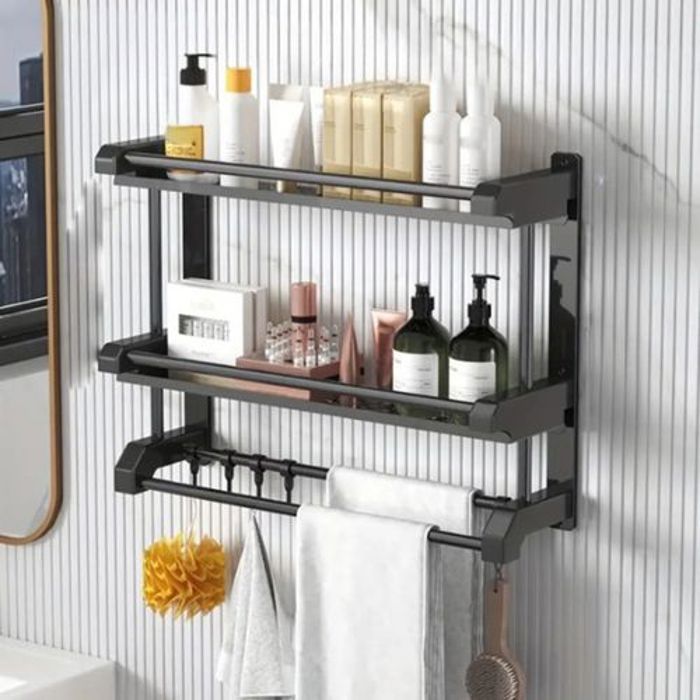 Support de rangement pour salle de bain mural avec porte serviettes et crochets