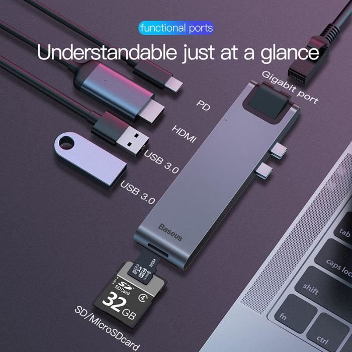 Concentrateur USB - BASEUS - HUB 7 en 1 - HDMI 4K - Gigabit Ethernet - USB Type-C