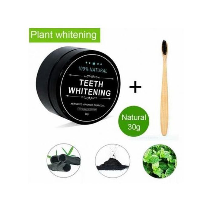 KIT 30 gr poudre de Charbon Blanchiment dentaire + Brosse à dent bambou
